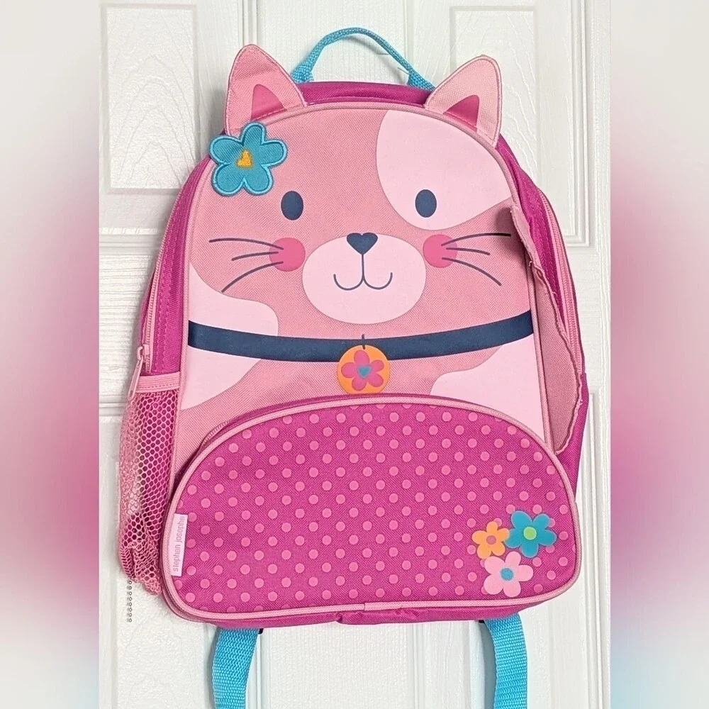 Girls' Pink Cat Backpack/Knapsack w/ 2 Zippered Pockets & Open Side Mesh Pocket